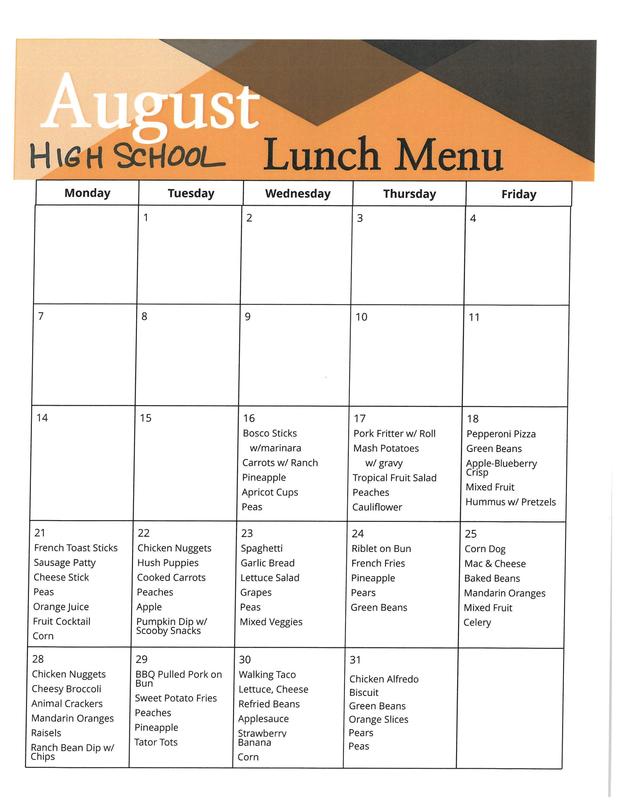 August 2023 , Lunches | Regional Alternative School